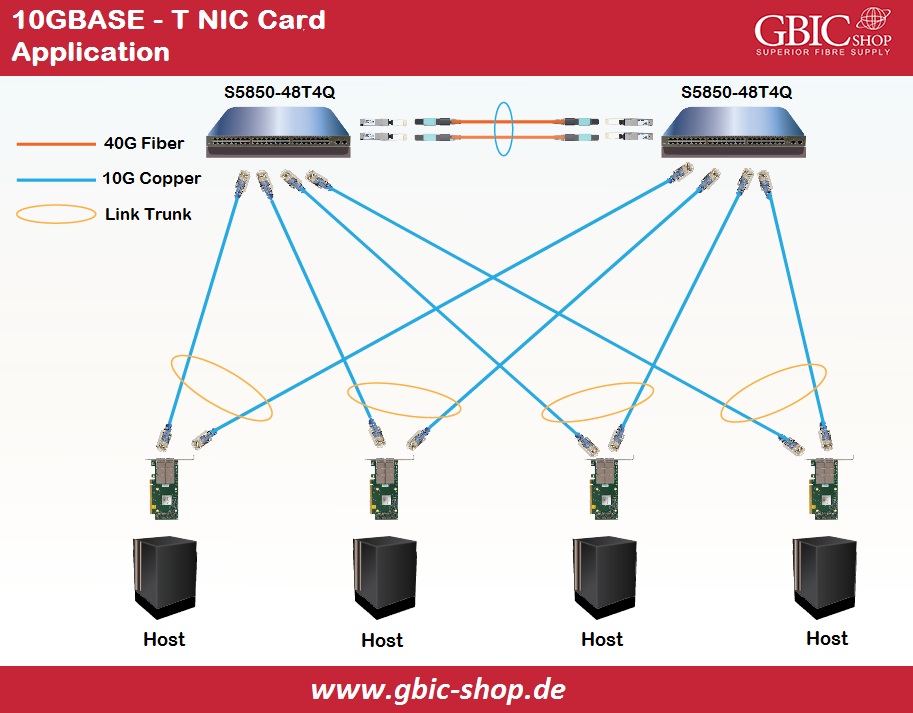 10G NIC Application – 2 Switches – 4 hosts – 10G copper Link – 2 40G Links via transceivers – Optical cables.